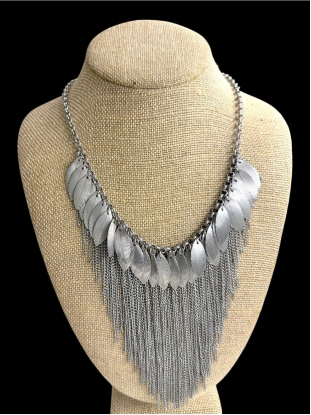 Heavy Silver Tone Fringe Statement Necklace | Runway Bib Necklace | Boho Glam